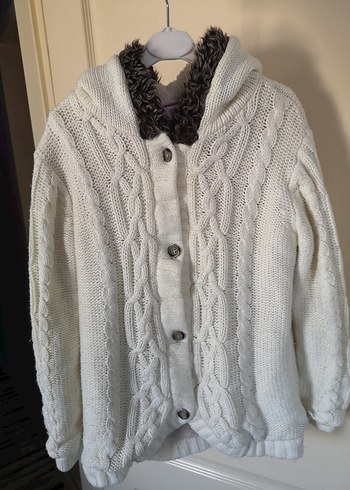 Kapüşonlu Örgü Beyaz Kadın Hırka - Görsel 7