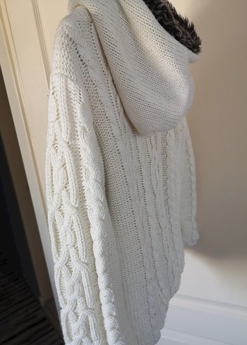 Kapüşonlu Örgü Beyaz Kadın Hırka - Görsel 5