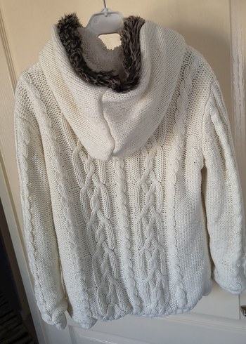 Kapüşonlu Örgü Beyaz Kadın Hırka - Görsel 4