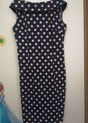 Lacivert Puantiyeli Midi Kalem Elbise - Görsel 3