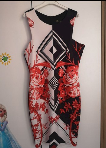 Kırmızı Desenli Midi Kalem Elbise - Görsel 2