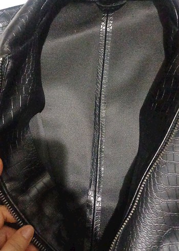 Siyah Yılan Desenli erkek Deri Biker Ceket - Görsel 6