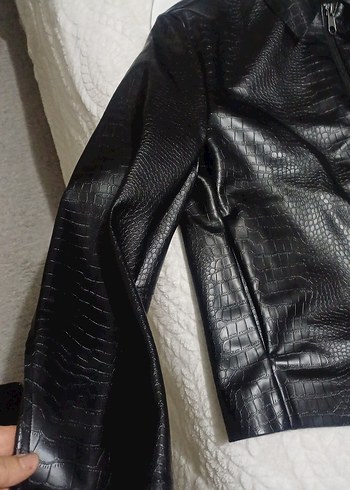 Siyah Yılan Desenli erkek Deri Biker Ceket - Görsel 3