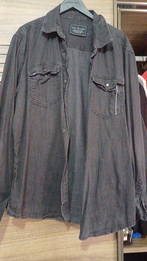 Siyah Denim Düğmeli Erkek Gömlek - Görsel 5