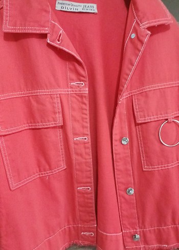 Düğmeli Kırmızı Mini Denim Ceket - Görsel 4