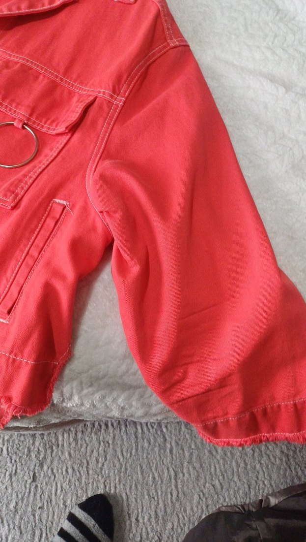 Düğmeli Kırmızı Mini Denim Ceket - Görsel 3