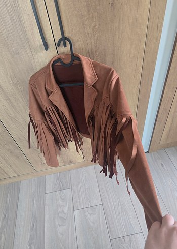 Püsküllü Kahverengi Süet Kadın Ceket - Görsel 3