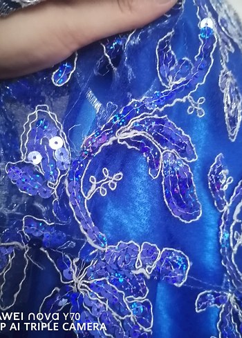 Mavi Nakışlı Uzun Straplez Bohem Elbise - Görsel 5