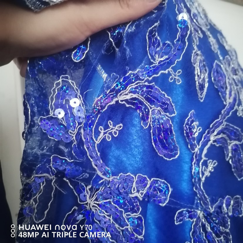 Mavi Nakışlı Uzun Straplez Bohem Elbise - Görsel 5