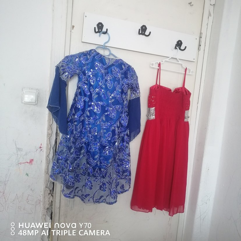 Mavi Nakışlı Uzun Straplez Bohem Elbise - Görsel 2