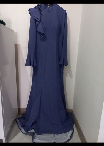 Uzun Kollu Mavi Nakışlı Abiye Elbise - Görsel 5