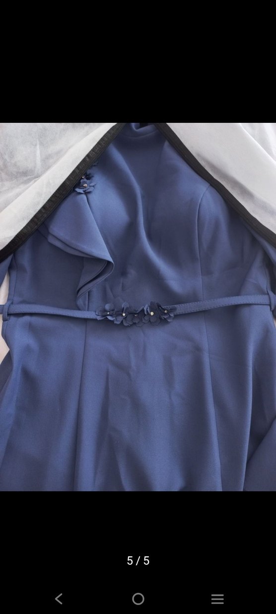 Uzun Kollu Mavi Nakışlı Abiye Elbise - Görsel 3