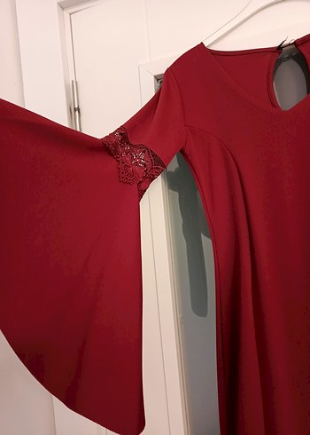 Bordo V Yaka Uzun Kollu Nakışlı Uzun Elbise - Görsel 3