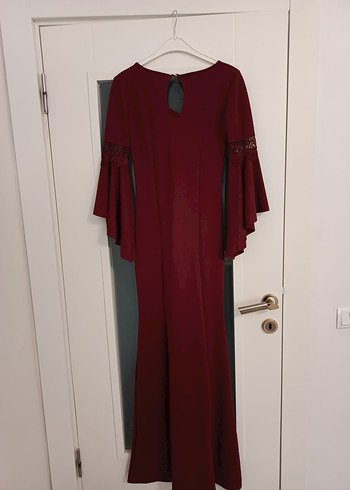 Bordo V Yaka Uzun Kollu Nakışlı Uzun Elbise - Görsel 2