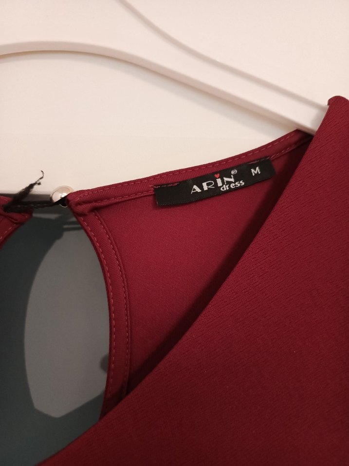 Bordo V Yaka Uzun Kollu Nakışlı Uzun Elbise - Görsel 4