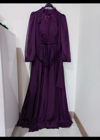 Mor Uzun Kollu Drapeli Kadın Abiye Elbise - Görsel 2