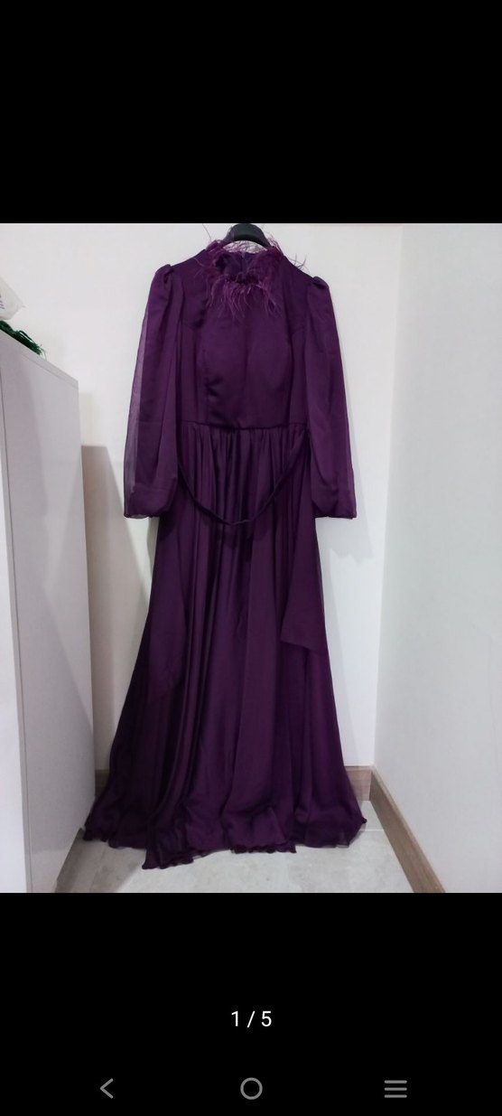 Mor Uzun Kollu Drapeli Kadın Abiye Elbise - Görsel 2