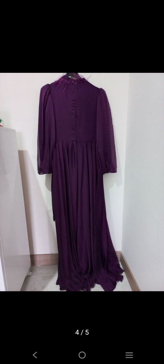 Mor Uzun Kollu Drapeli Kadın Abiye Elbise - Görsel 4