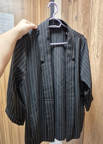 Kadın Çizgili Siyah Normal Kesim Ceket - Görsel 2