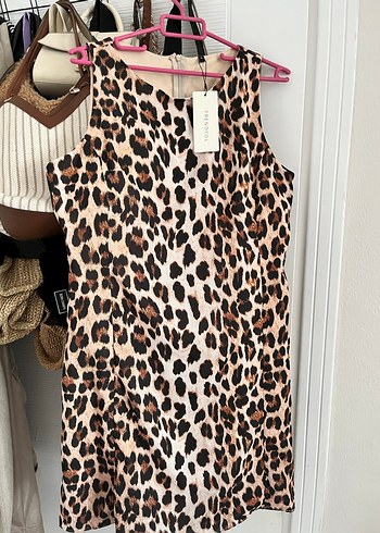 Leopar Desenli kahverengi  Mini Elbise - Görsel 3