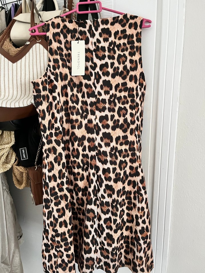 Leopar Desenli kahverengi  Mini Elbise - Görsel 2