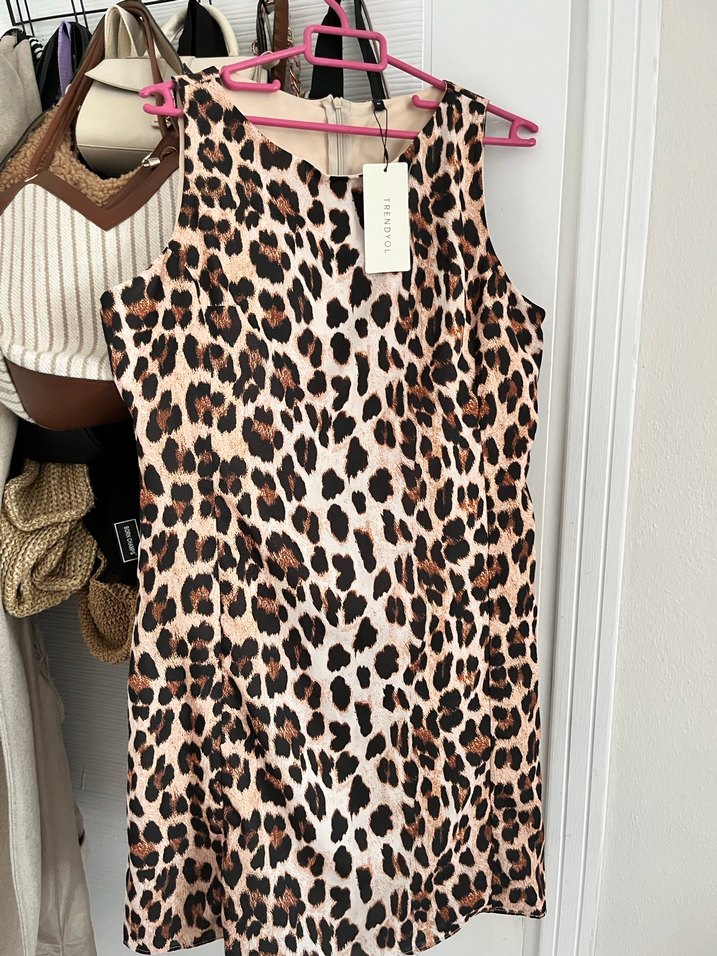 Leopar Desenli kahverengi  Mini Elbise - Görsel 3