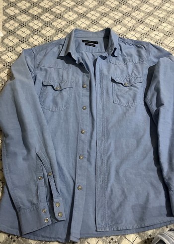 Düğmeli Mavi Erkek Denim Gömlek - Görsel 3