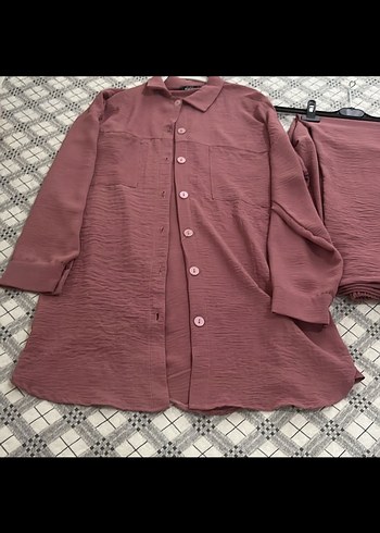 Pembe ayrobin Düğmeli Uzun Kadın Takım - Görsel 2