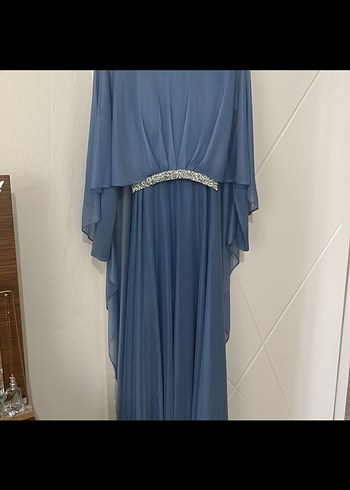 Mavi Uzun Drapeli Kadın Abiye Elbise - Görsel 4