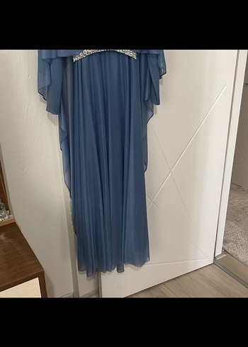 Mavi Uzun Drapeli Kadın Abiye Elbise - Görsel 5