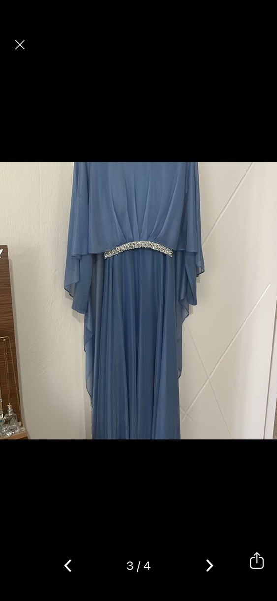 Mavi Uzun Drapeli Kadın Abiye Elbise - Görsel 4