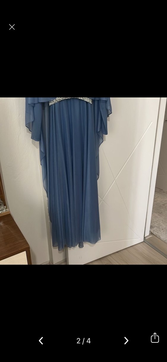 Mavi Uzun Drapeli Kadın Abiye Elbise - Görsel 5