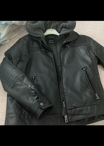 Siyah Kürklü Deri Biker Ceket - Görsel 2