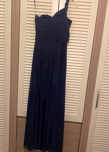 Lacivert Uzun Drapeli Kadın Abiye Elbise - Görsel 4