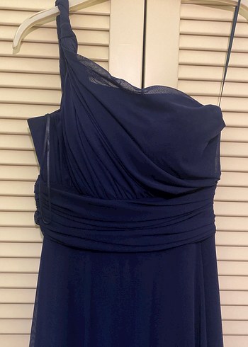 Lacivert Uzun Drapeli Kadın Abiye Elbise - Görsel 2