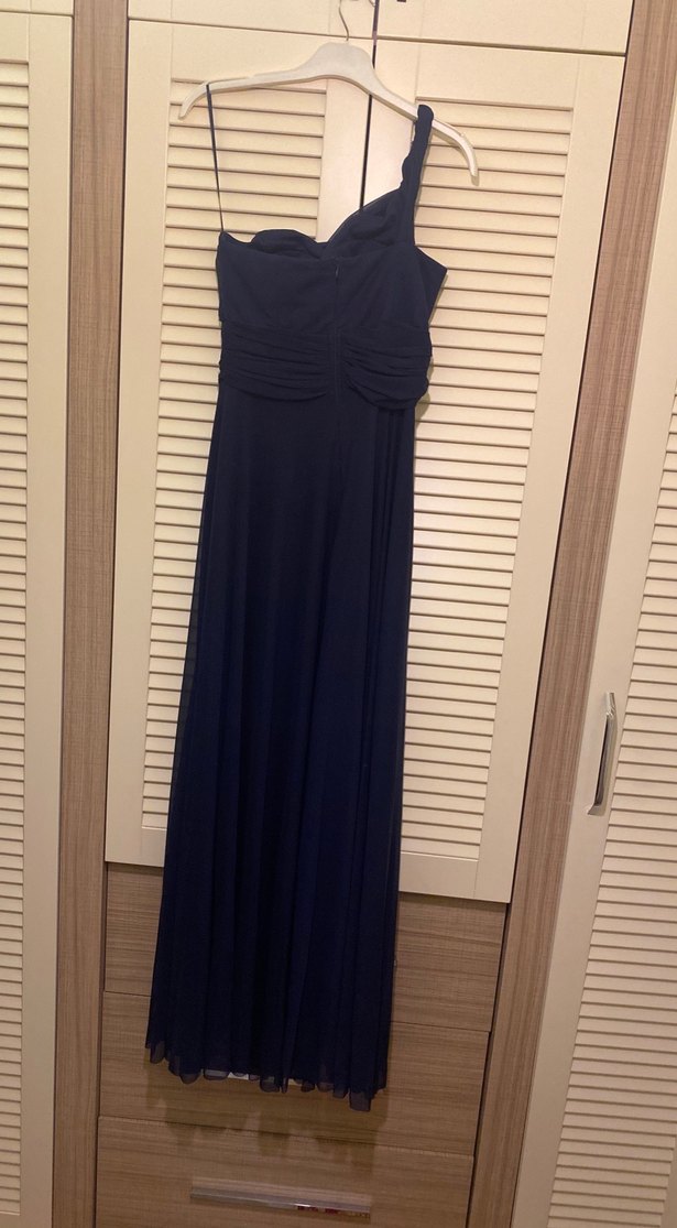 Lacivert Uzun Drapeli Kadın Abiye Elbise - Görsel 4