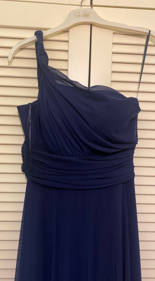 Lacivert Uzun Drapeli Kadın Abiye Elbise - Görsel 2