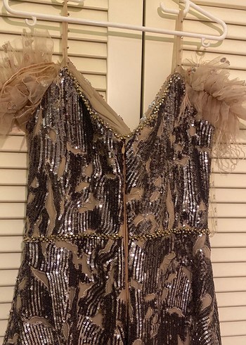 Nakışlı, Tüy Detaylı Uzun Abiye Elbise - Görsel 4