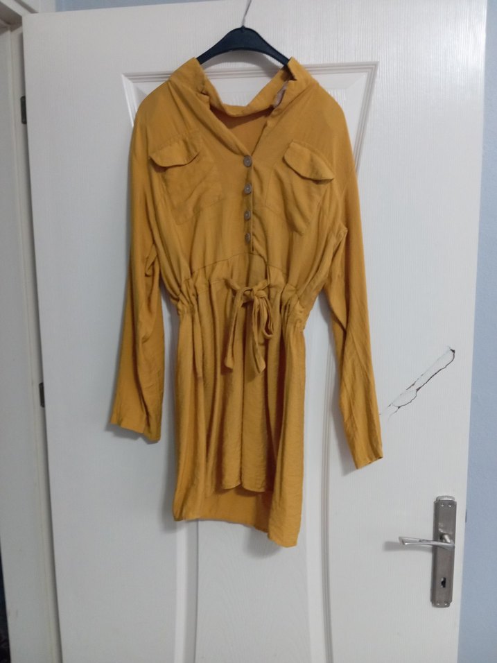 Düğmeli V Yakalı Kadın Keten Tunik - Görsel 2