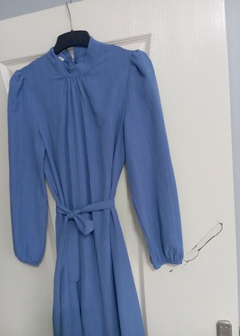 Mavi Uzun Keten Elbise, Yüksek Yakalı, Salaş Kesim - Görsel 2