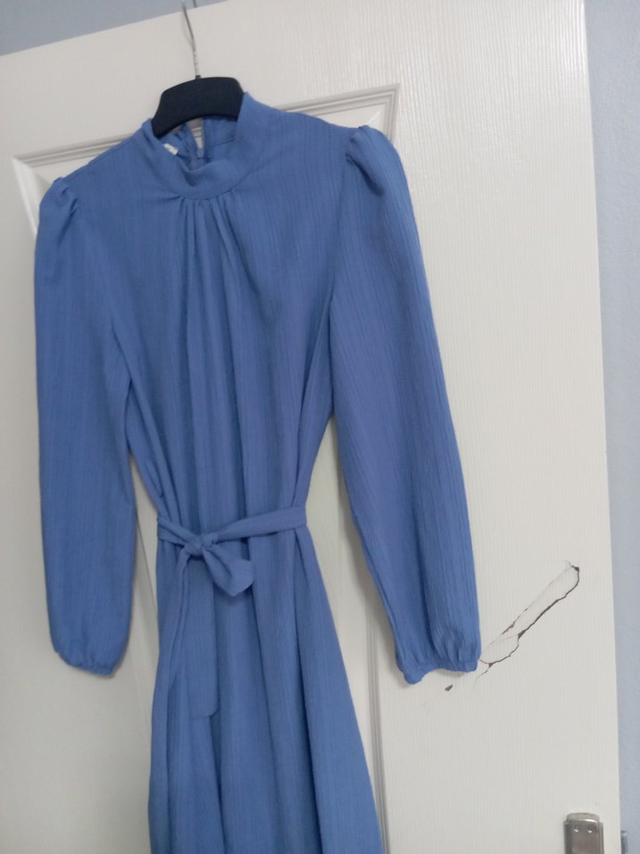 Mavi Uzun Keten Elbise, Yüksek Yakalı, Salaş Kesim - Görsel 2