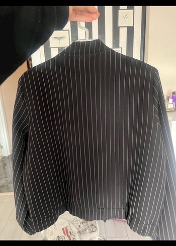 Düğmeli Siyah Çizgili Kadın Blazer Ceket - Görsel 2