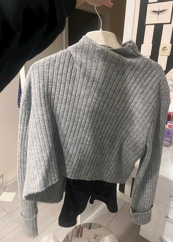 Gri Düğmeli Oversize Triko Hırka - Görsel 2