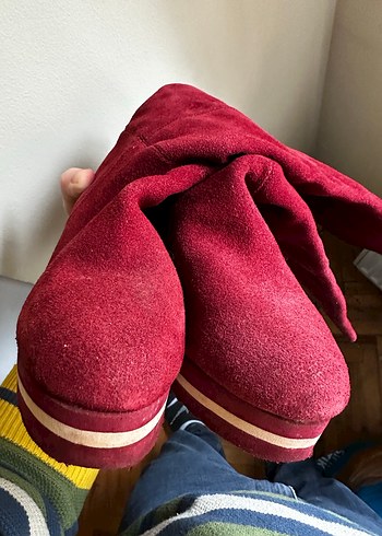 Bordo Süet Dolgu Topuklu Diz Boyu çizme - Görsel 5