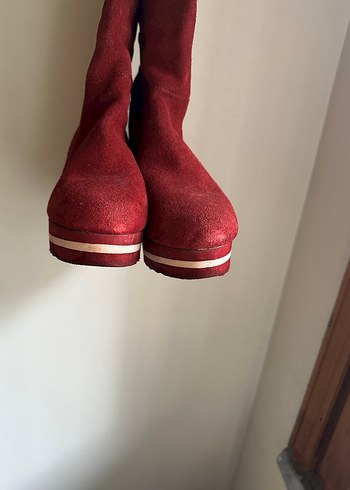 Bordo Süet Dolgu Topuklu Diz Boyu çizme - Görsel 8