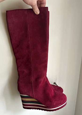 Bordo Süet Dolgu Topuklu Diz Boyu çizme - Görsel 6
