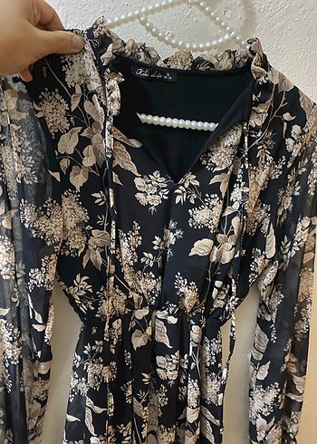 Bohem Siyah Çiçek Desenli Uzun Kollu Elbise - Görsel 3