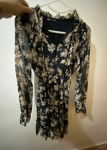 Bohem Siyah Çiçek Desenli Uzun Kollu Elbise - Görsel 2