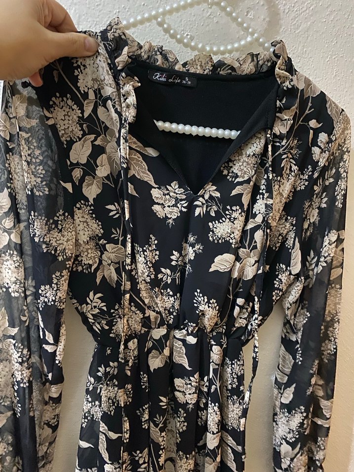 Bohem Siyah Çiçek Desenli Uzun Kollu Elbise - Görsel 3