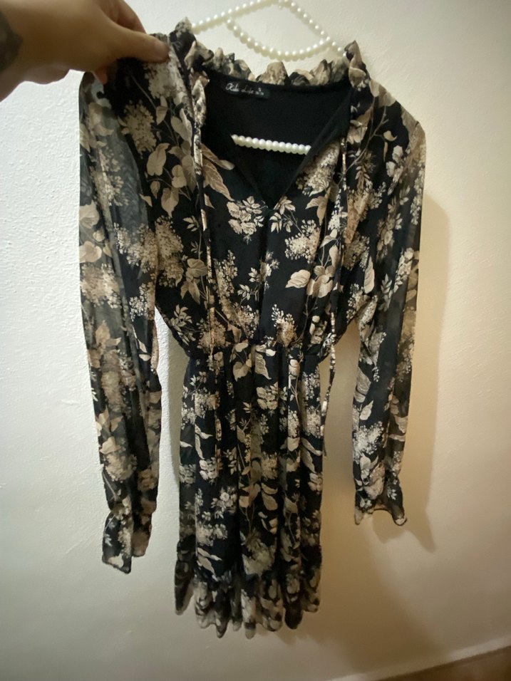 Bohem Siyah Çiçek Desenli Uzun Kollu Elbise - Görsel 2